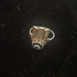 “Hamsa” hand  ring, silver alloy and enamel